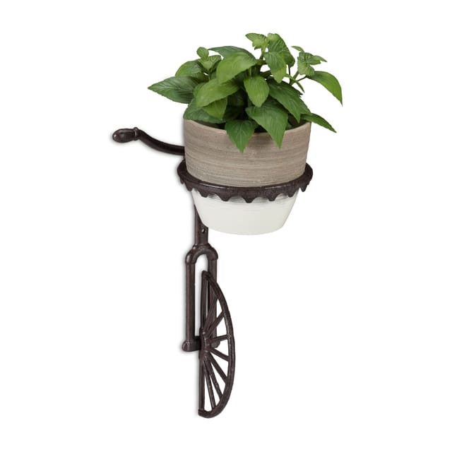 Wand Blumenhalter Einrad, Gusseisen, Deko Wandblumentopfhalter für draußen, wetterfest, ø 13 cm, dunkelbraun - Relaxdays