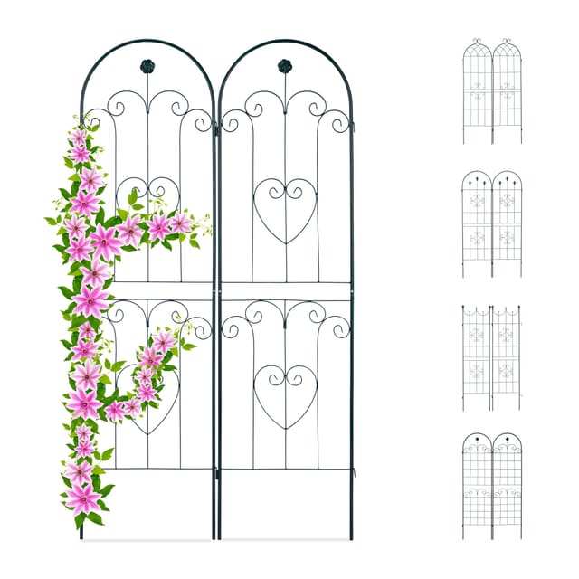Rankgitter 2er Set, Metall, 180 x 50 cm, Rankhilfe Garten, Rundbogen, Blume & Herz, zum Stecken, dunkelgrün - Relaxdays