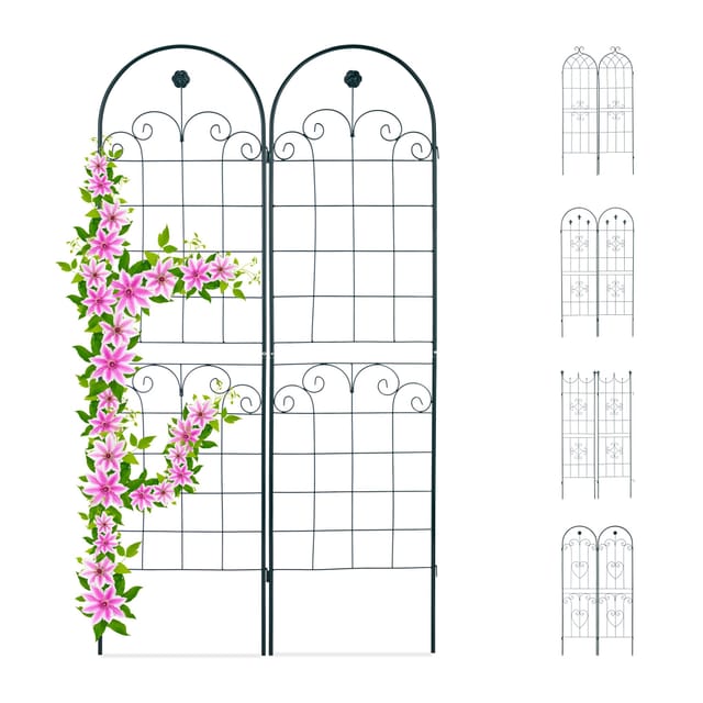 Rankgitter 2er Set, Metall, 180 x 50 cm, Vintage Rankhilfe Garten, Rundbogen & Blume, zum Stecken, dunkelgrün - Relaxdays