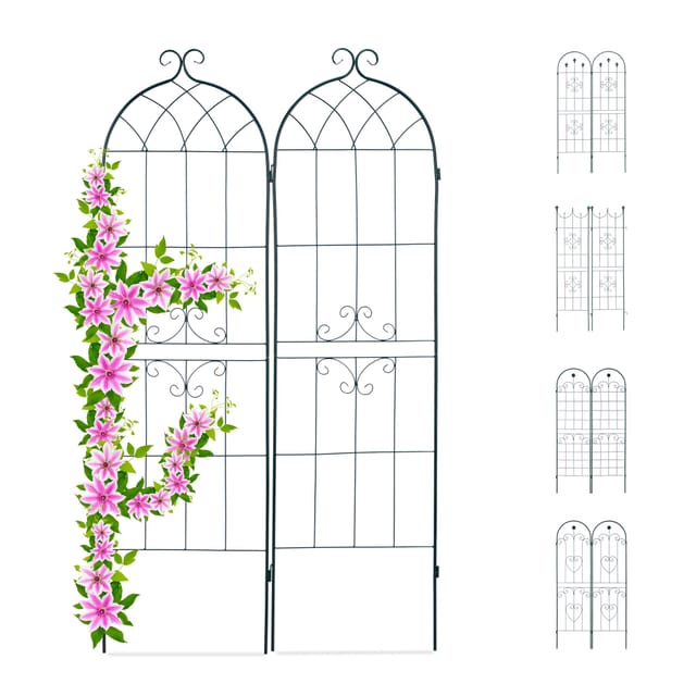 Rankgitter 2er Set, Metall, 180 x 50 cm, Vintage Rankhilfe Garten, geschwungene Form, zum Stecken, dunkelgrün - Relaxdays