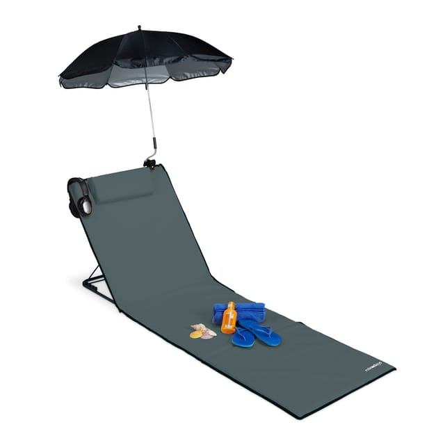 Relaxdays Strandmatte, gepolsterte Strandliege XXL m. Sonnenschirm, 3-stufig verstellbar, Kopfkissen, tragbar, anthrazit