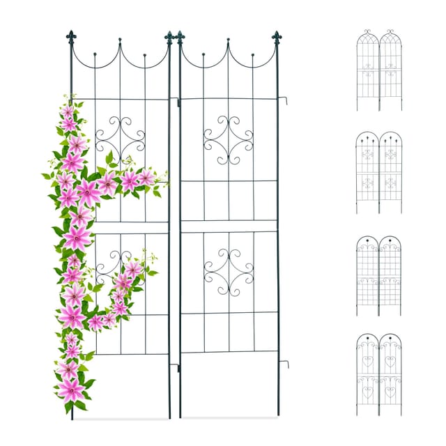 Rankgitter 2er Set, Metall, 180 x 50 cm, Rankhilfe Garten, Vintage, verzierte Spitze, zum Stecken, dunkelgrün - Relaxdays