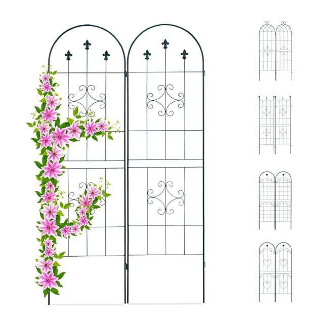 Rankgitter 2er Set, Metall, 180 x 50 cm, Vintage Rankhilfe Garten, Rundbogen & Spitze, zum Stecken, dunkelgrün - Relaxdays