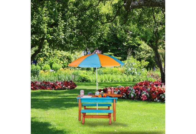 Kindersitzgruppe Garten, Holz, Spieltisch Set aus Tisch, 2x Sitzbank & Sonnenschirm, Outdoor Kindermöbel, bunt - Relaxdays