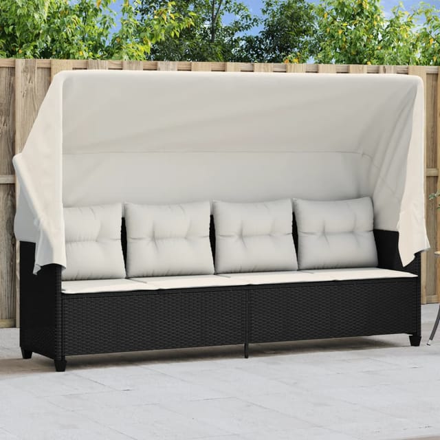 Sonnenliege mit Dach und Kissen Schwarz Poly Rattan - Vidaxl