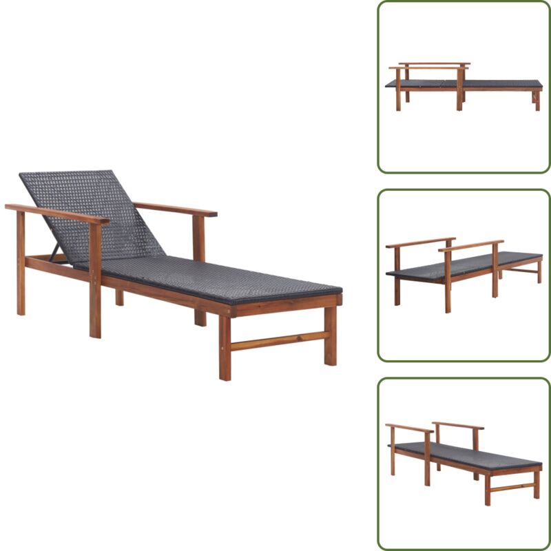 Sonnenliege Poly Rattan Und Massivholz Akazie Schwarz - Sonnenliege - Gartenliege - Poolliege - Rattan Liege - Outdoor Möbel