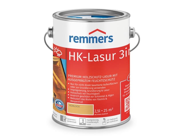 HK-Lasur 3in1 hemlock, 2,5 Liter, Holzlasur aussen, 3facher Holzschutz mit Imprägnierung + Grundierung + Lasur, Feuchtigkeit- und UV-Schutz - Remmers