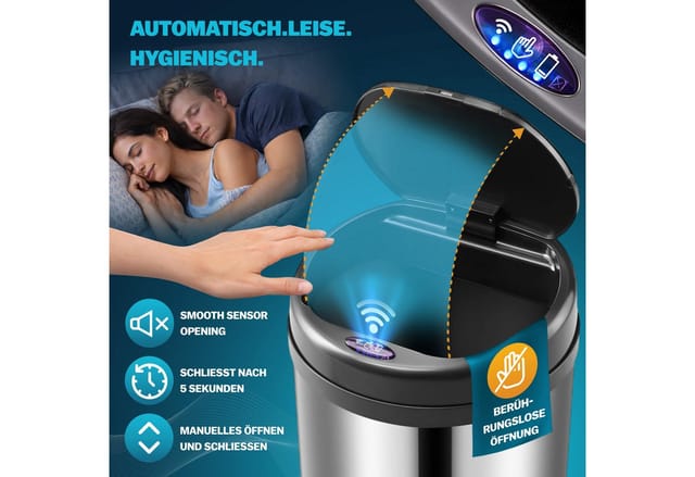 MONZANA® Mülleimer Küche mit Sensor Edelstahl USB Ladekabel Berührungslos Deckel Hygienisch Papierkorb Automatik Abfalleimer Wasserdicht Büro