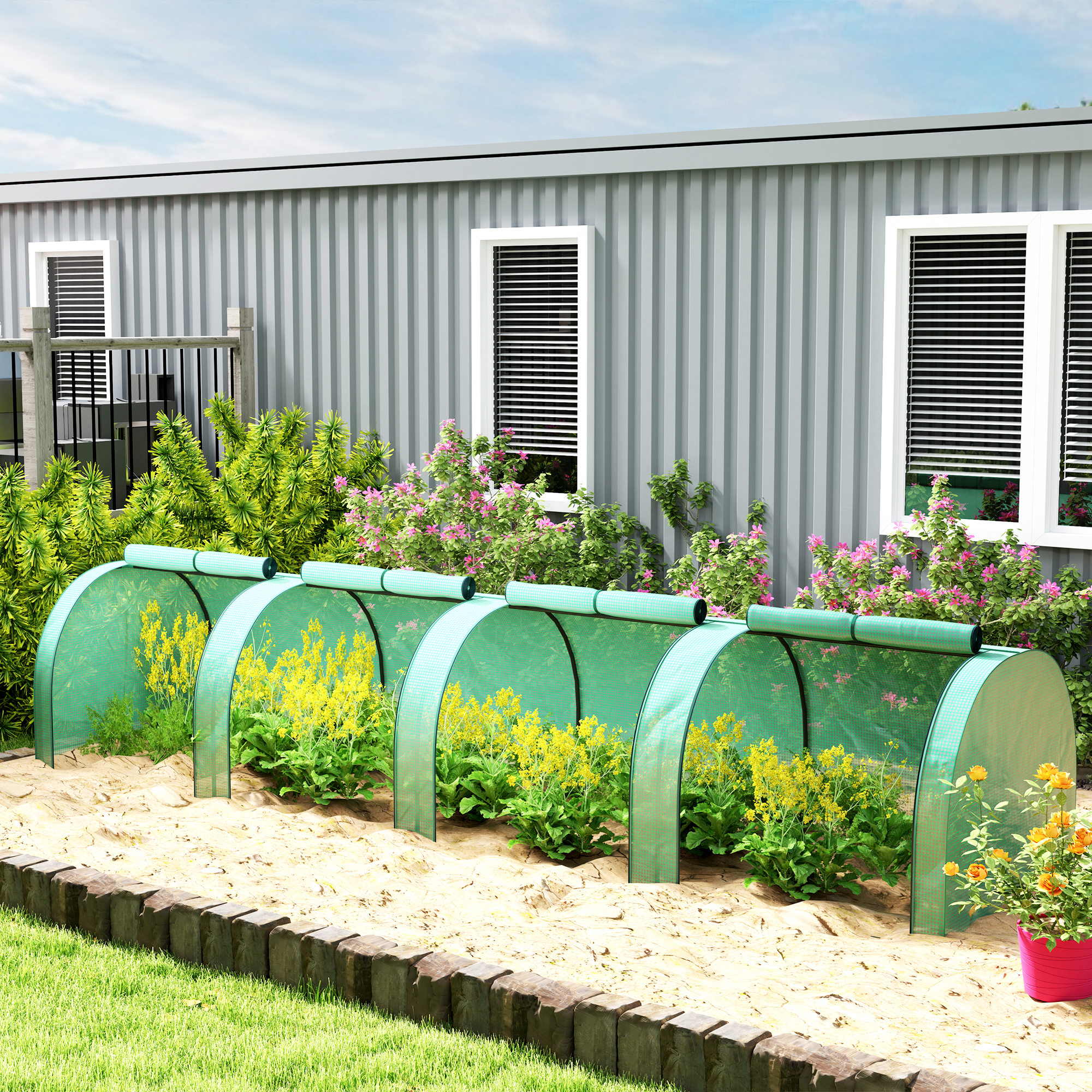 Kleines Gewächshaus Für Den Garten, Geeignet Für Den Pflanzenanbau, Mit 4 Aufrollbaren Fenstern, 395 X 100 X 80 Cm, Grün