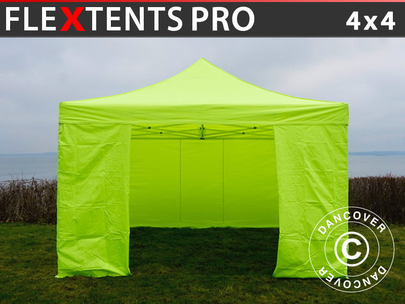 Faltzelt Flextents Pro 4x4m Neongelb/grün, Mit 4 Seitenwänden