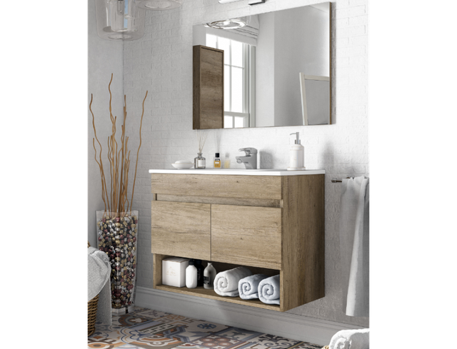 Hängender Badezimmerschrank 80 cm nordisch mit Spiegel - Nancy - Nordik Mit Led