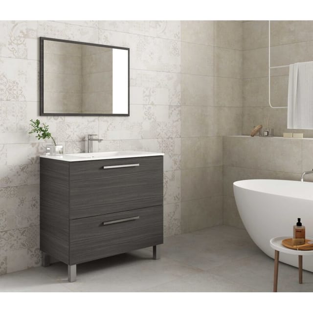 Freistehender Badezimmerschrank 80 cm aschegrau mit Spiegel - Leeds - Esche grau Mit Led