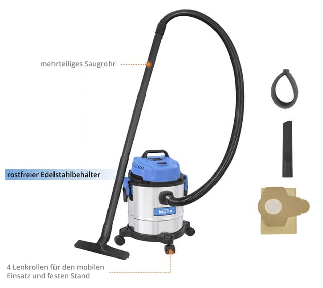 Gnts 12L Nass-Trockensauger – 1200 W, Edelstahl, 12 l, inkl. Zubehör - Güde