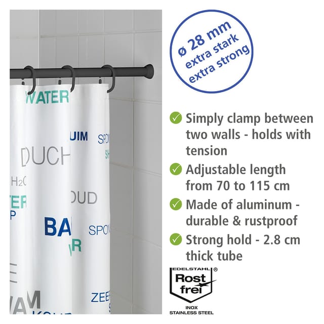 Teleskop-Duschstange Schwarz 70 - 115 cm, 70 - 115 cm, Schwarz, Aluminium schwarz , Gummi schwarz - schwarz - Wenko