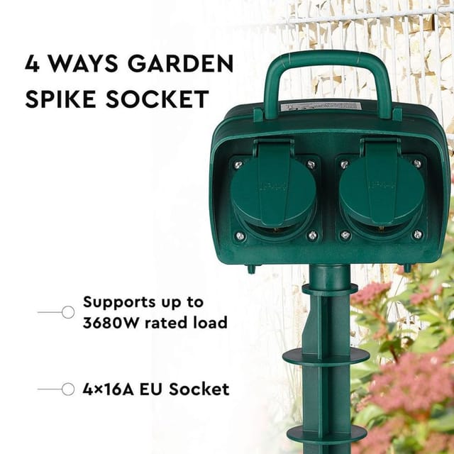 4-Wege-Gartensteckdosen - Grün - IP44 - 3m Kabel - Garden Spike
