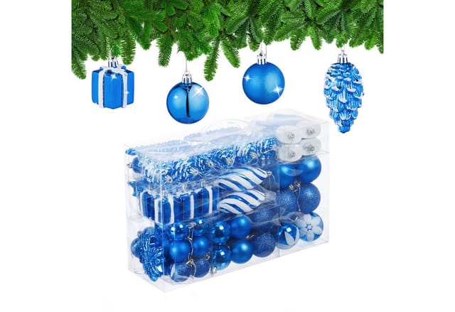 Relaxdays Weihnachtskugeln 72er Set, glitzernde, matte & glänzende Baumkugeln, Stiefel, Herz & Zapfen, Kunststoff, blau