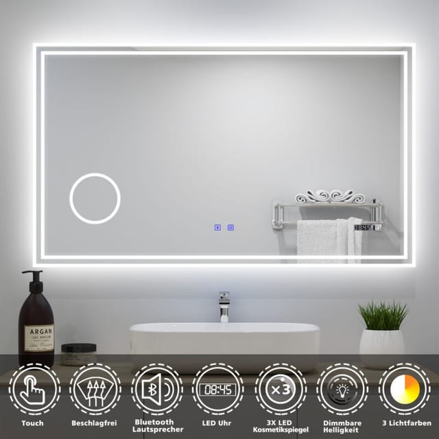 Biubiubath - led Badspiegel 140x80cm mit Uhr Bluetooth 3 Lichtfarbe Dimmbar Beschlagfrei 3-Fach klares vergrößertes Speicherfunktion