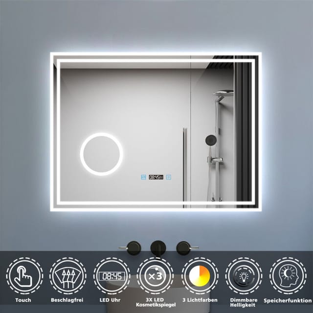 Biubiubath - led Badspiegel 80x60cm mit Uhr 3 Lichtfarbe 3x Vergrößerungsspiegel Beschlagfrei Speicherfunktion Touchschalter Horizontal
