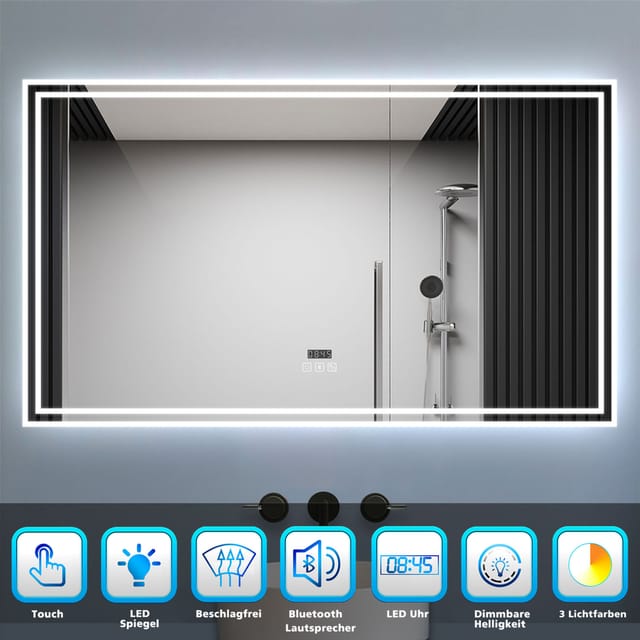 Biubiubath - led Badspiegel 140x80cm mit Uhr Bluetooth 3 Lichtfarbe Dimmbar Beschlagfrei Speicherfunktion Badezimmer Spiegel ce IP44