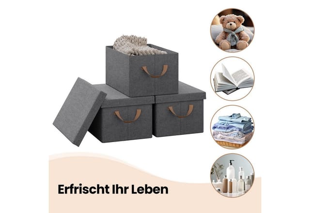 Aufbewahrungsbox 10er Set, Klappbox mit Deckel Faltbare Stoffbox mit Griff 20L Aufbewahrungswürfel Ordnungsboxen Kisten für Kleidung Bücher Grau