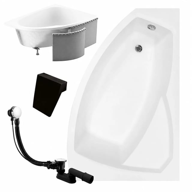 Badland - Badewanne Eckbadewanne 130x85 Rechts mit Styropor + Kopfstütze, Ablaufgarnitur & Füßen gratis - Komplettset 5in1 - Made in eu rima
