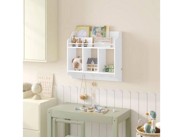 Kinderregal, Bücherregal Kinder, Wandregal mit 1 Oberfach 3 offenen Fächern 4 Haken, Schweberegal Hängeregal Kinderzimmer, schwebendes Regal für