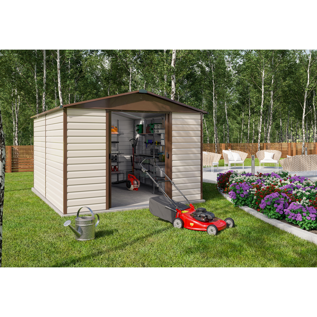 Yardmaster - Metall-Gerätehaus 'Brandenburg 1012', taupe, 10,46 m², mit Bodenrahmen
