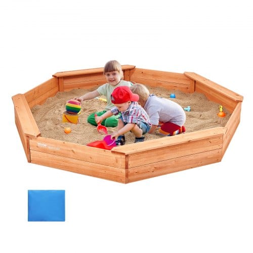 Holzsandkasten Mit Abdeckung, Achteckiger Sandkasten, Sandgrube Mit 4 Sitzplätzen & Bodenauskleidung, Kindersandkasten Für Den Garten, Geschenk Für Jungen & Mädchen Im Alter Von 3–12 Jahren