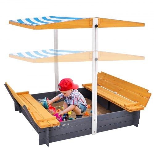 Holzsandkasten Mit Überdachung, Sandkasten, Sandgrube Mit Klappbaren Sitzbänken Und Bodeneinlage, Naturholz-sandkasten Für Kinder Für Den Garten, Geschenk Für Kinder Im Alter Von 3–12 Jahren