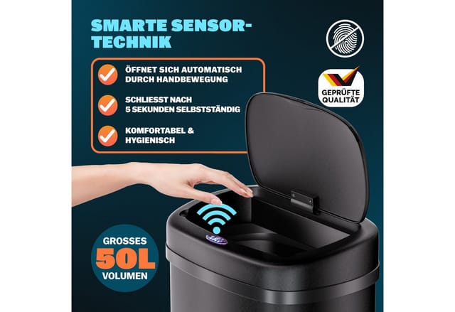 Mülleimer Mit Sensor Küche 50l Edelstahl Automatik Deckel Klemmring Inkl. Usb-kabel Abfalleimer Groß Papierkorb Led Anzeige Schwarz - Monzana