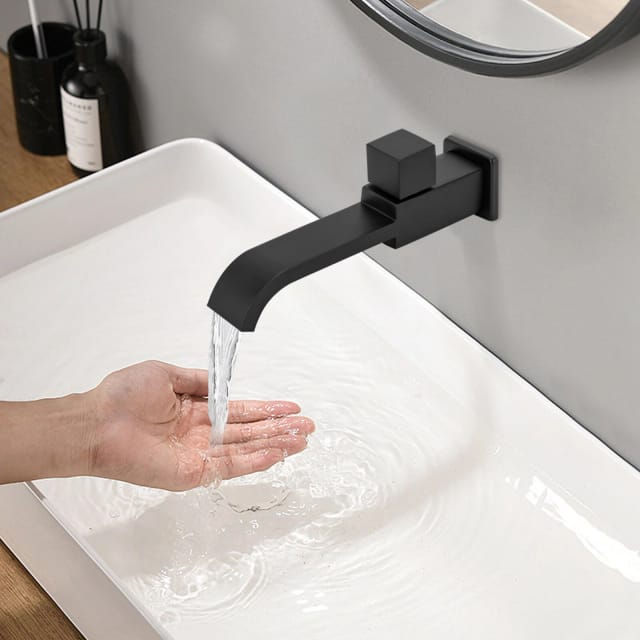G1/2 Wandarmaturen Wandmontage Einloch Waschtischarmatur Armatur Garten Kalt Wasserhahn Waschbecken Badarmaturen Messing Für Becken Bad Küche Mit Quadratische Sockel Griff Moderne Schwarz