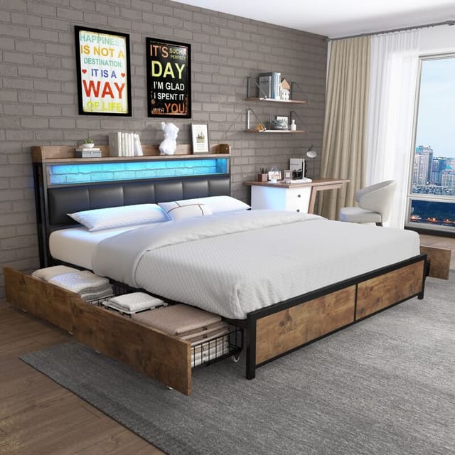 Bett 140x200cm, mit 4 Schubladen, LED-Beleuchtung, gepolsterte Kopfteil aus Kunstleder, Lattenrost, Metallrahmen, Doppelbett aus Holz - Schwarz