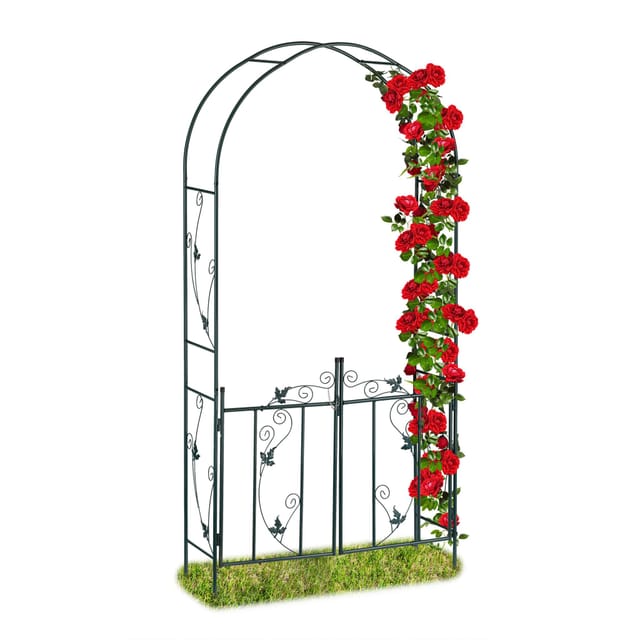 Rosenbogen mit Tür, Garten Rankhilfe Kletterpflanzen, Torbogen Metall, wetterfest, 230 x 113,5 x 36,5 cm, grün - Relaxdays