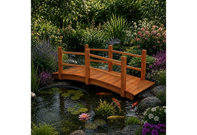 Relaxdays Teichbrücke, mit Geländer, begehbar, Teichübergang, Garten Dekoration, Holzbrücke, HxBxT: 56x140x60 cm, orange
