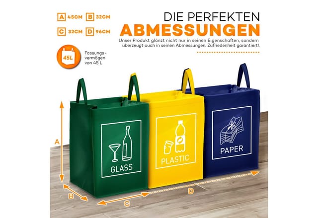 Tresko - 3er Set Recycling Müll Sortiertaschen Mülltrennsystem Abfalltrennsystem