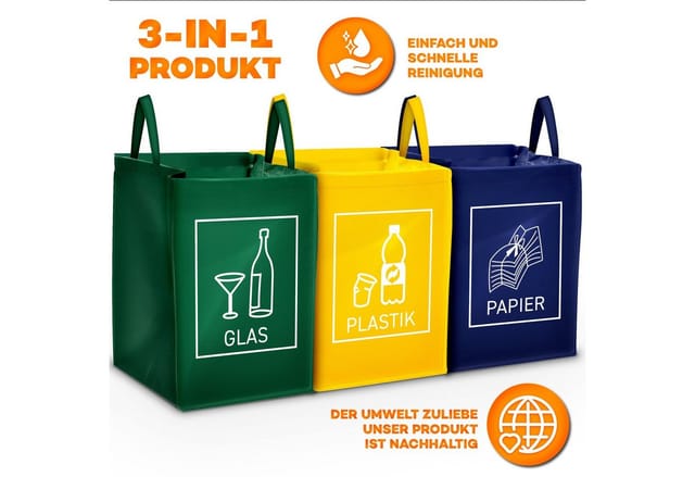 TRESKO® 3er Set Recycling Deutsch Müll Sortiertaschen Mülleimer Mülltrenner Trennsystem