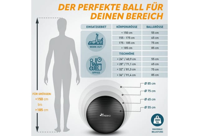 TRESKO Gymnastikball (Schwarz 55cm) mit Pumpe Fitnessball Yogaball Sitzball Sportball Pilates Ball Sportball