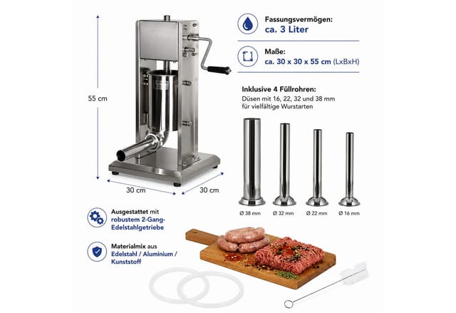 Wurstfüllmaschine Edelstahl Wurstfüller 3 l inkl. 4 Füllrohre + Renigungsbürste + 2x Ersatzdichtungsringe Küchenmaschine Wurstspritze Wurst Presse
