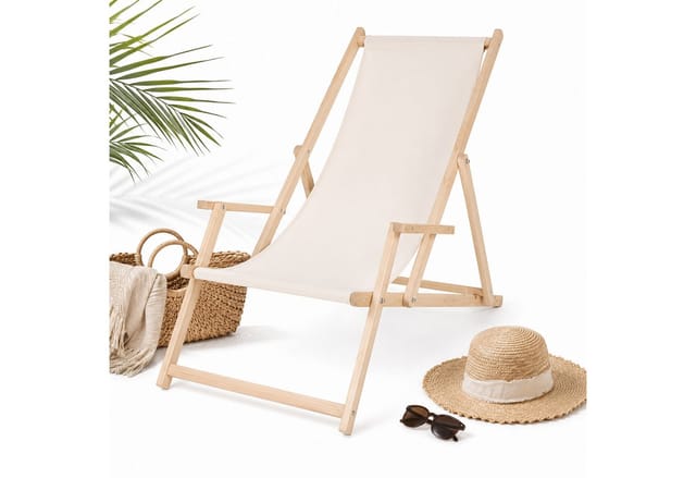Strandstuhl mit Armlehne Strandliege Holz Liegestuhl Gartenliege Sonnenliege Strandstuhl Faltliege - Beige