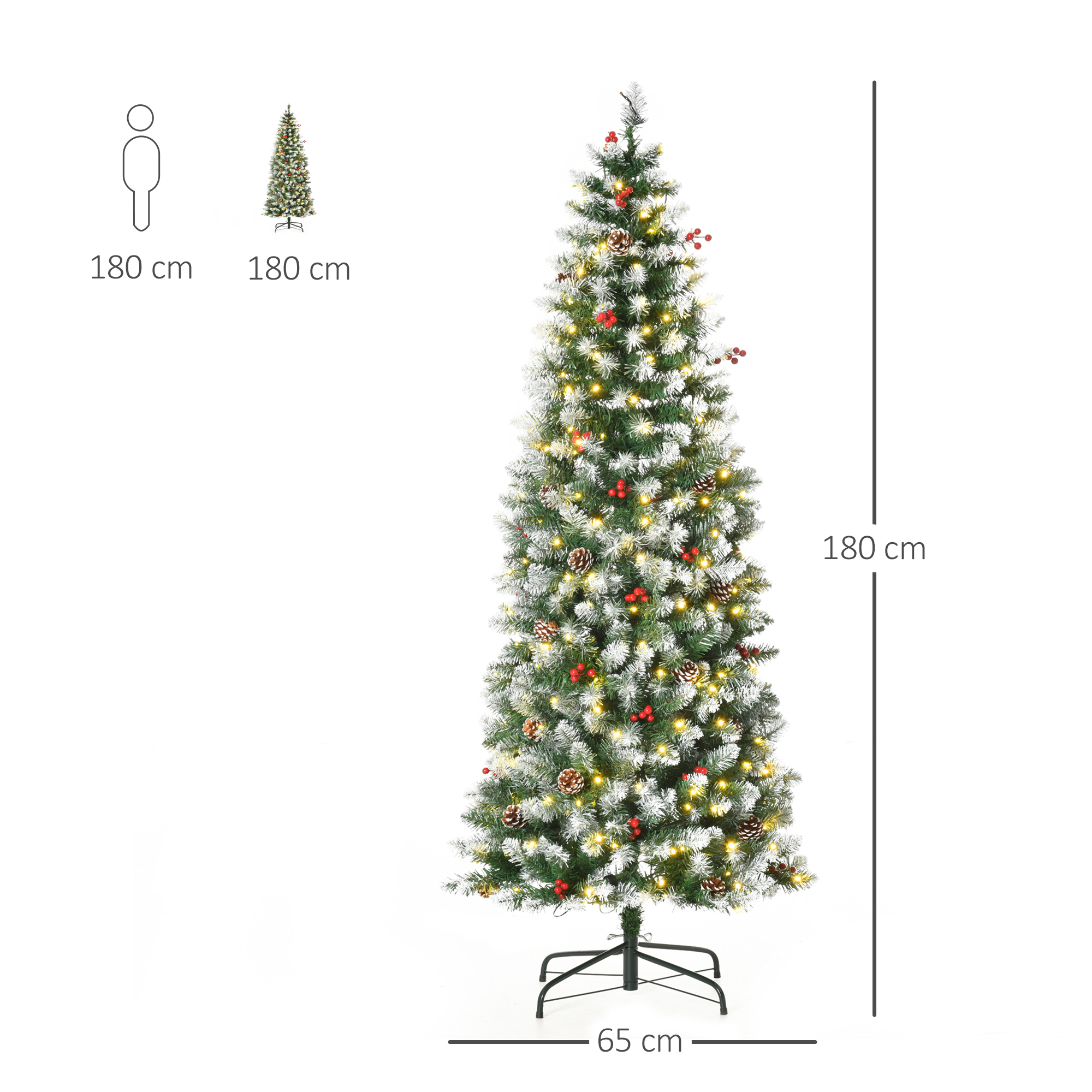 Künstlicher Homcom Weihnachtsbaum Mit Schnee, 180 Cm, Mit 300 Warmweißen Led-lichtern, 618 Feuerfesten Kunststoffzweigen, Inklusive Dekoration Und Faltbarem Ständer (ø 65 X 180 Cm), Grün