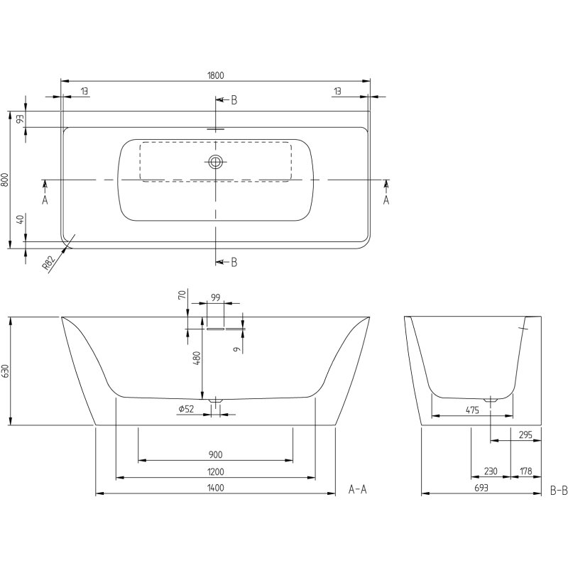 Villeroy & Boch Subway 3.0 - Badewanne 180x80 Cm, Rechts, Quaryl, Alpinweiß Ubq180sbw9cr00v-01