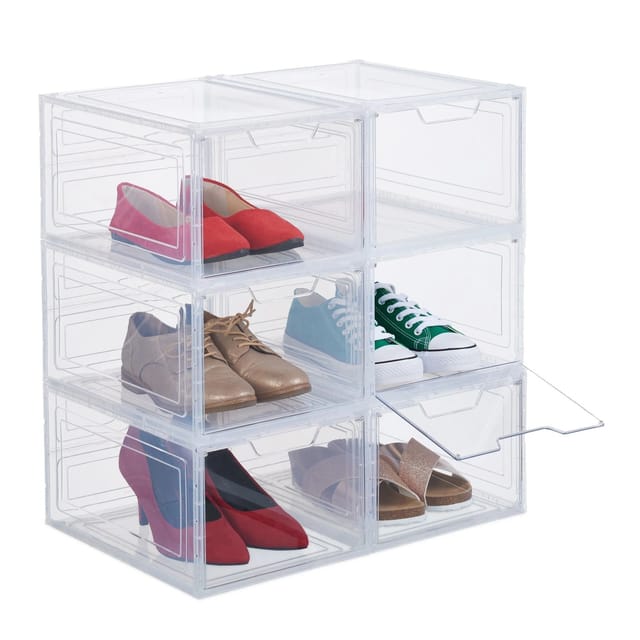 Relaxdays - Schuhboxen 6er Set, mit Tür, Schuhorganizer, stapelbar, für Schuhe bis Größe 50, Sneaker Boxen, transparent