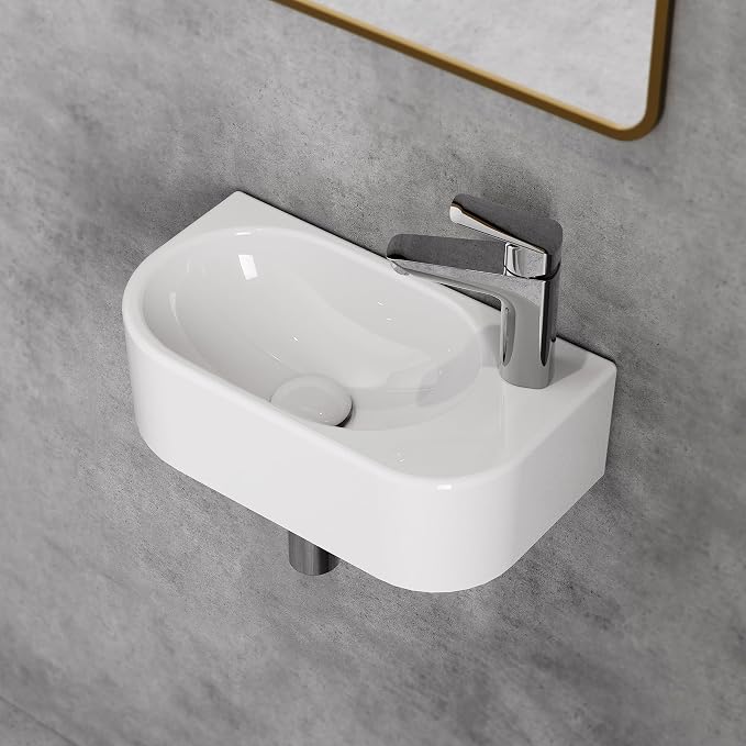 Horow Wandwaschbecken Oval 40 Cm – Kleines Handwaschbecken Für Badezimmer Und Gäste-wc, Weiß, Keramik, Hahnloch Rechts, Ohne Überlauf