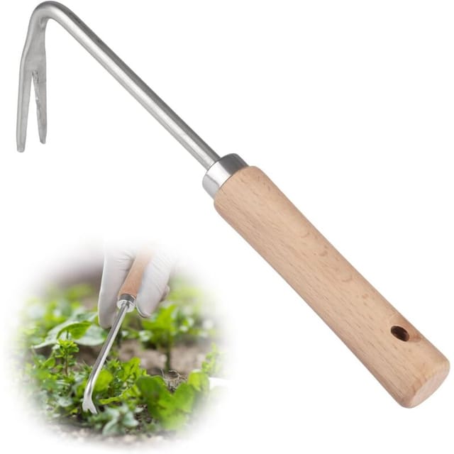 Manueller Jäter mit Holzgriff, 26,5 cm Länge, Edelstahl-Jäter, V-förmiger manueller Jäter, zum Jäten, Umpflanzen usw - Sollbry