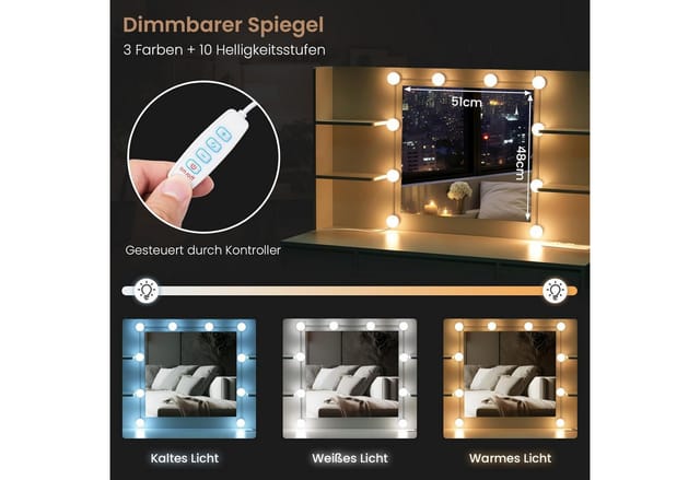 Schminktisch, Frisiertisch mit Beleuchtung und Steckdose, Einstellbarer Helligkeit, Kosmetiktisch mit Spiegel, 5 Schubladen, 4 Ablagen,
