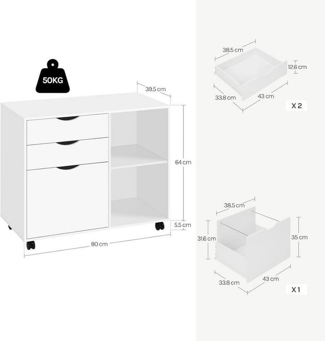 WOLTU Rollcontainer, Aktenschrank mit 3 Schubladen und 2 Offenen Fächern, Büroschrank mit 5 Rollen, verstellbarem Hängeregistratur, Schreibtisch