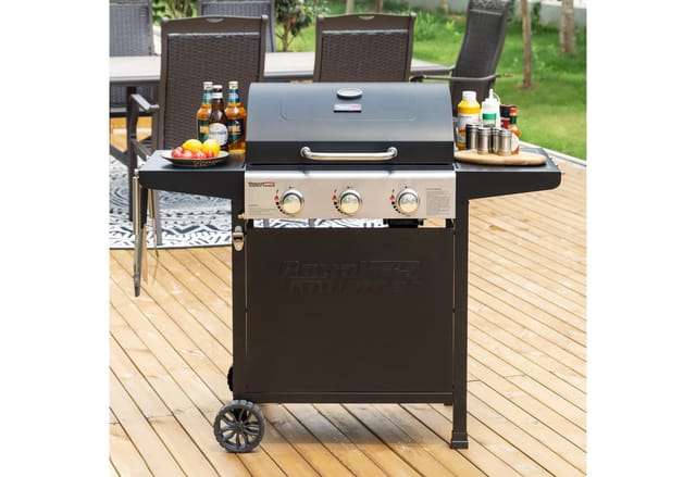 Royal Gourmet - Gasgrill Grillwagen 3 Brenner 9 kW Camping Gaskocher mit Kochplatte, Gartengrill mit Flaschenöffner, Druckminderer und Gasschlauch