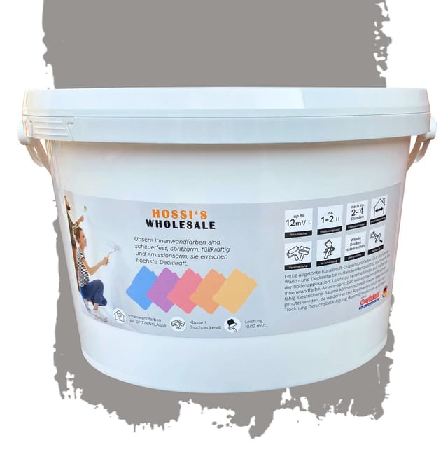 Hossi's Wholesale - 2,5 Liter Premium Klasse 1 Wandfarbe Oasis Grey Grau tropf- und spritzgehemmt hochdeckend geruchslos Edelmatt