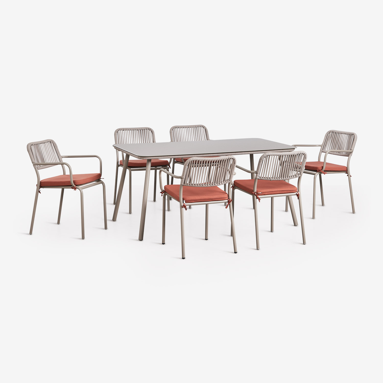 Sklum Rechteckiger Esstisch-set 160x90 Cm Und 6 Stapelbare Esszimmerstühle Aus Geflochtener Schnur Arhiza Mokka-braun – Terrakotta