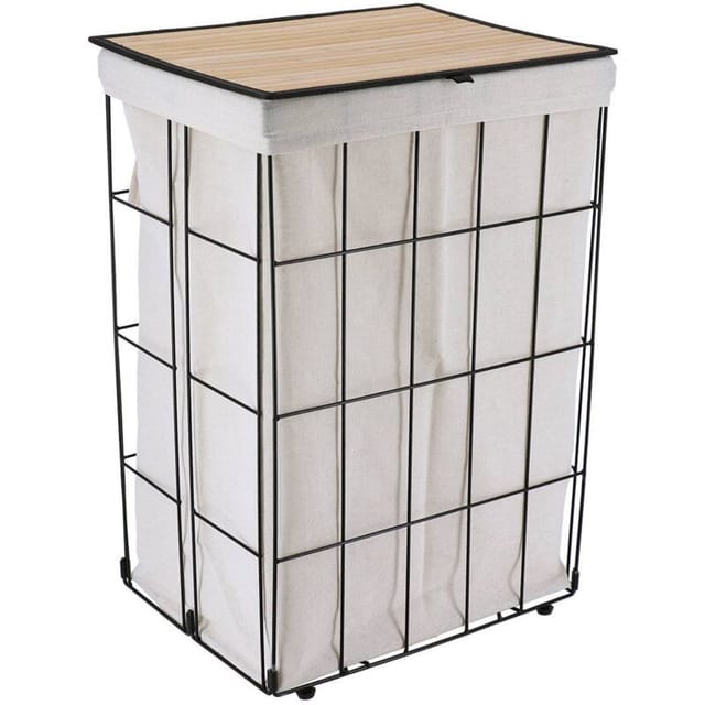 Faltbarer wäschekorb aus metall mit bambusdeckel - schwarz naturstoff - Tendance